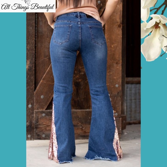 LAST PAIR SZ 2!•L&B ROSE GOLD BELLS Sequin Jeans - Picture 5 of 7